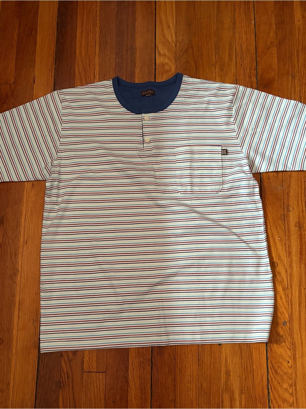 Celine Short-Sleeve Striped Henley in White, Blue and Red